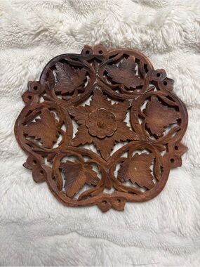 Carved Wooden Floral Trivet - Brown